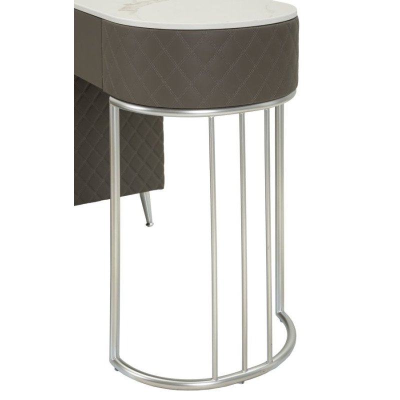 Coiffeuse moderne avec tabouret 4 tiroirs en Polyuréthane Gris Matelassé Bois MDF Métal Argenté Sharon 