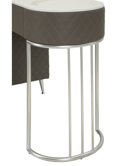 Coiffeuse moderne avec tabouret 4 tiroirs en Polyuréthane Gris Matelassé Bois MDF Métal Argenté Sharon 