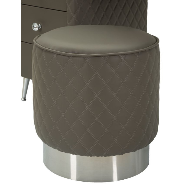 Coiffeuse moderne avec tabouret 4 tiroirs en Polyuréthane Gris Matelassé Bois MDF Métal Argenté Sharon 