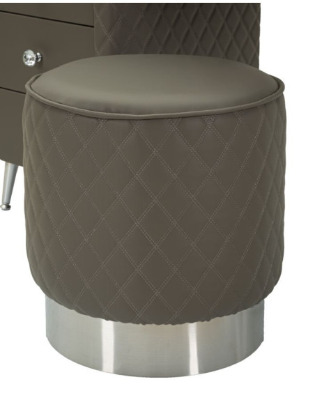 Coiffeuse moderne avec tabouret 4 tiroirs en Polyuréthane Gris Matelassé Bois MDF Métal Argenté Sharon 