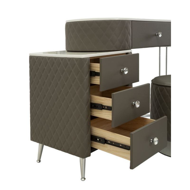 Coiffeuse moderne avec tabouret 4 tiroirs en Polyuréthane Gris Matelassé Bois MDF Métal Argenté Sharon 