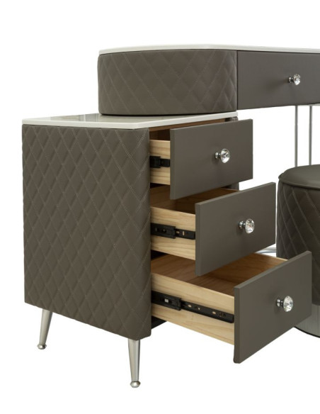 Coiffeuse moderne avec tabouret 4 tiroirs en Polyuréthane Gris Matelassé Bois MDF Métal Argenté Sharon 