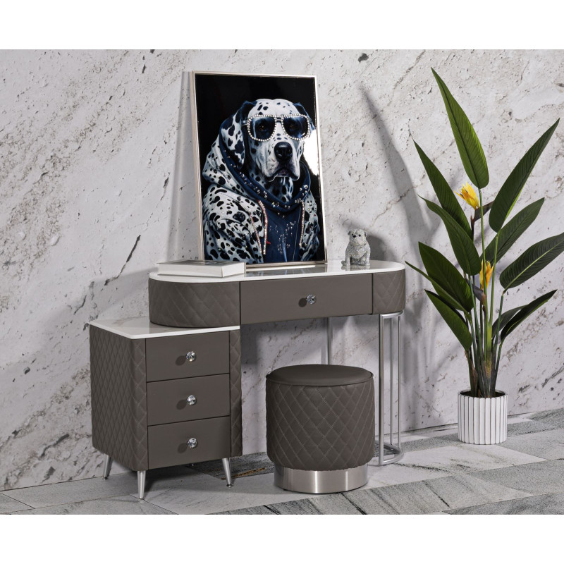 Coiffeuse moderne avec tabouret 4 tiroirs en Polyuréthane Gris Matelassé Bois MDF Métal Argenté Sharon 