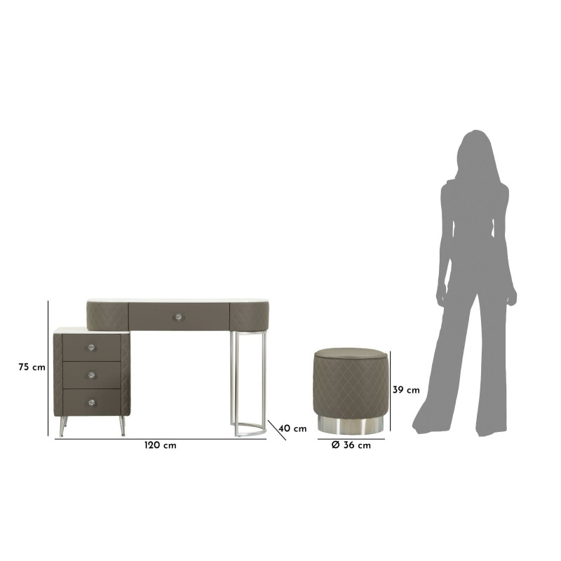 Coiffeuse moderne avec tabouret 4 tiroirs en Polyuréthane Gris Matelassé Bois MDF Métal Argenté Sharon 