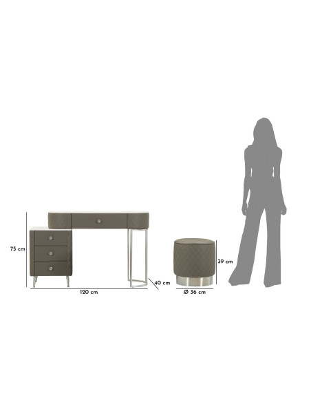 Coiffeuse moderne avec tabouret 4 tiroirs en Polyuréthane Gris Matelassé Bois MDF Métal Argenté Sharon 