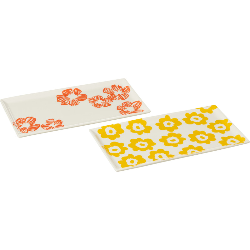 Plat Rectangulaire 30 cm en Céramique Blanc Orange Jaune Motif fleurs Candace (Lot de 2) - 1