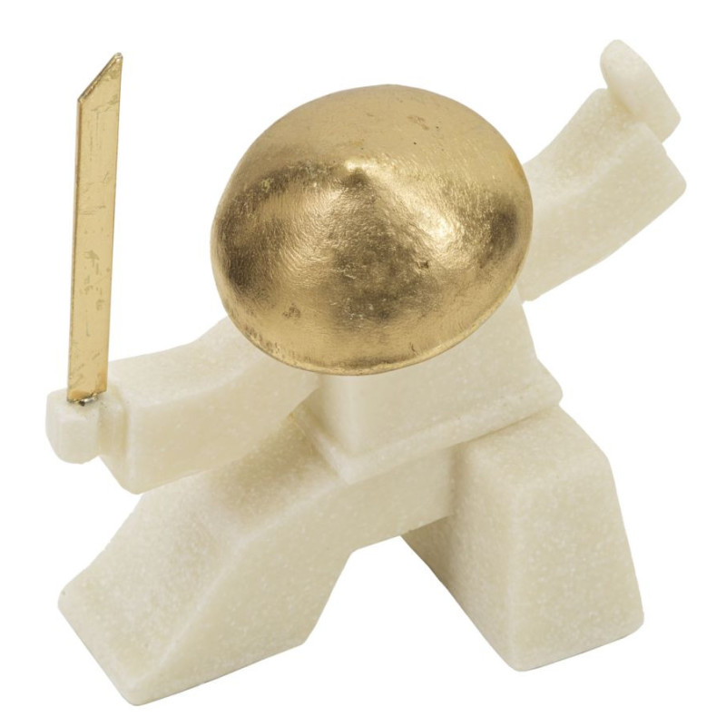 Statuette déco moderne Samouraï Kamae Hauteur 18 cm en Résine Blanc Effet quartz Métal Doré Oda 