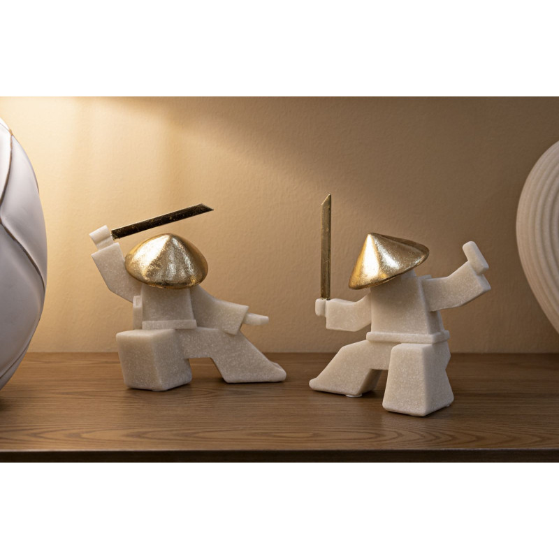 Statuette déco moderne Samouraï Kamae Hauteur 18 cm en Résine Blanc Effet quartz Métal Doré Oda 