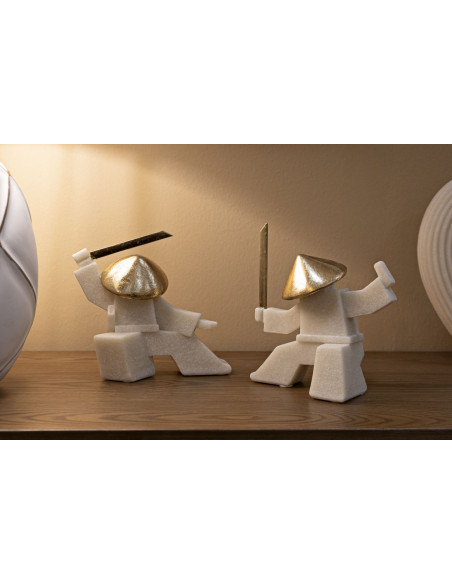 Statuette déco moderne Samouraï Kamae Hauteur 18 cm en Résine Blanc Effet quartz Métal Doré Oda 