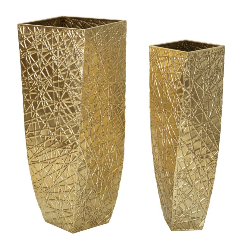 Grand Vase déco haut moderne Carré en Métal Doré Squer Coppia (Lot de 2) 