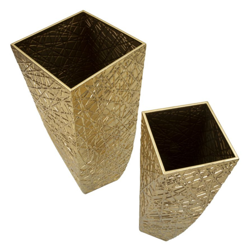 Grand Vase déco haut moderne Carré en Métal Doré Squer Coppia (Lot de 2) 