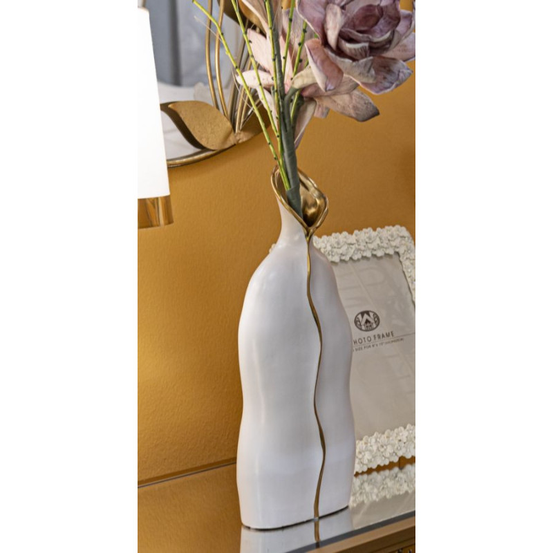 Vase original moderne Plat Hauteur 40 cm en Céramique Blanc Doré Uma 