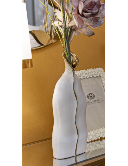 Vase original moderne Plat Hauteur 40 cm en Céramique Blanc Doré Uma 