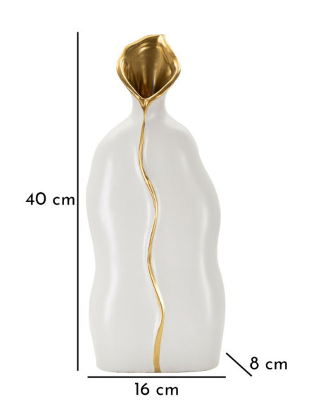 Vase original moderne Plat Hauteur 40 cm en Céramique Blanc Doré Uma 