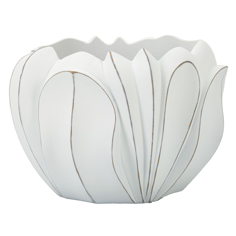 Grand Cache-pot moderne Rond Diamètre 34 cm en Résine Blanc Patiné Motif feuilles Gardy 