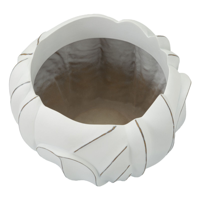 Grand Cache-pot moderne Rond Diamètre 34 cm en Résine Blanc Patiné Motif feuilles Gardy 