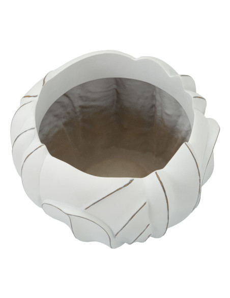 Grand Cache-pot moderne Rond Diamètre 34 cm en Résine Blanc Patiné Motif feuilles Gardy 