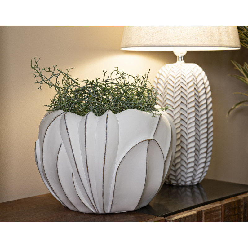 Grand Cache-pot moderne Rond Diamètre 34 cm en Résine Blanc Patiné Motif feuilles Gardy 