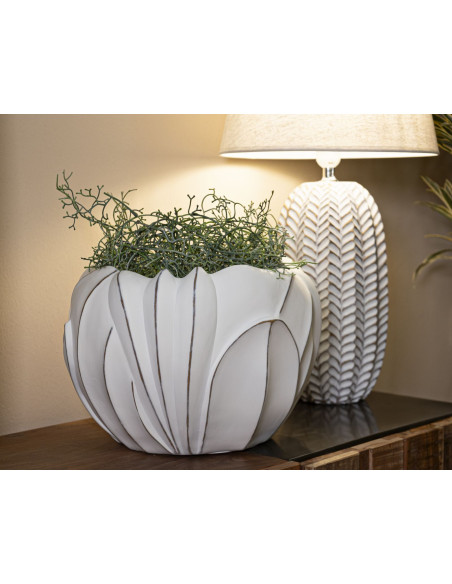 Grand Cache-pot moderne Rond Diamètre 34 cm en Résine Blanc Patiné Motif feuilles Gardy 