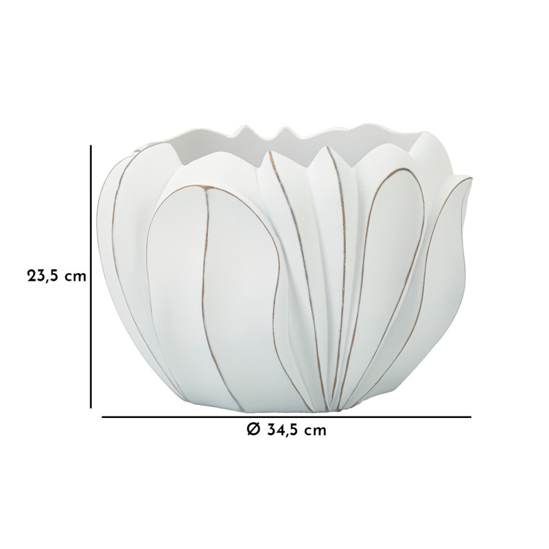 Grand Cache-pot moderne Rond Diamètre 34 cm en Résine Blanc Patiné Motif feuilles Gardy 