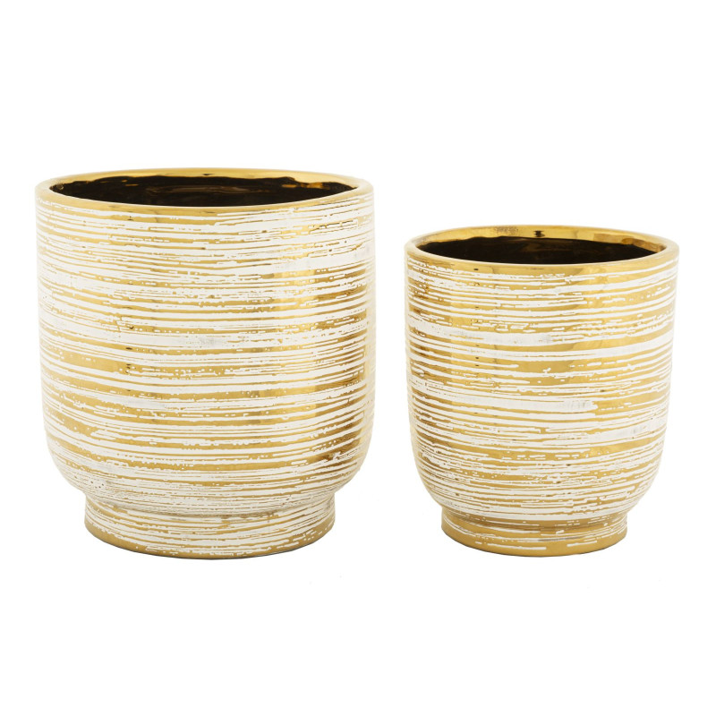 Cache-pot moderne Rond en Céramique Doré Blanc Melody (Lot de 2) 