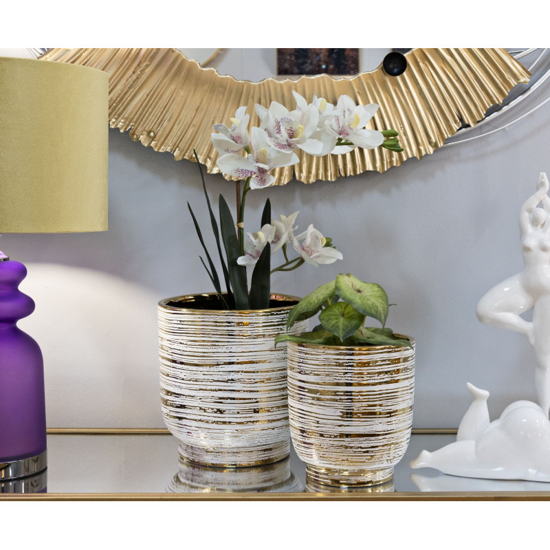 Cache-pot moderne Rond en Céramique Doré Blanc Melody (Lot de 2) 