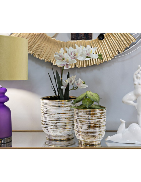 Cache-pot moderne Rond en Céramique Doré Blanc Melody (Lot de 2) 