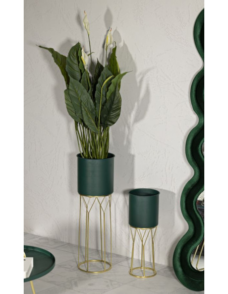 Cache-pot sur pied moderne Rond en Métal Vert Doré Grent (Lot de 2) 