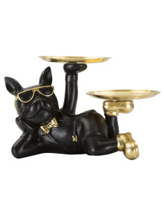 Statuette déco moderne Chien avec plateau 23 cm en Résine Noir Métal Doré Roven - 1