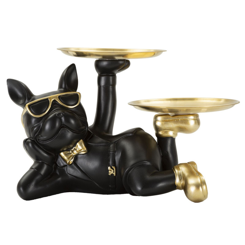 Statuette déco moderne Chien avec plateau 23 cm en Résine Noir Métal Doré Roven - 1