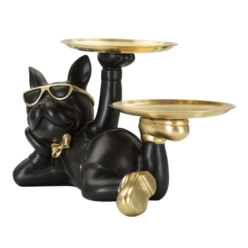 Statuette déco moderne Chien avec plateau 23 cm en Résine Noir Métal Doré Roven - 2
