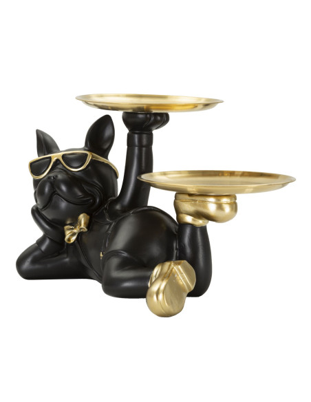 Statuette déco moderne Chien avec plateau 23 cm en Résine Noir Métal Doré Roven - 2