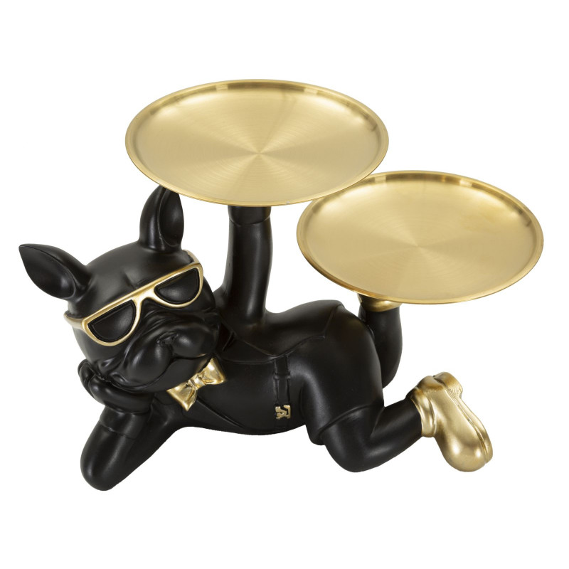 Statuette déco moderne Chien avec plateau 23 cm en Résine Noir Métal Doré Roven - 3