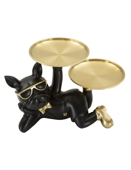 Statuette déco moderne Chien avec plateau 23 cm en Résine Noir Métal Doré Roven - 3