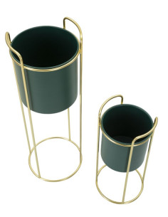 Cache-pot sur pied moderne avec poignée Rond en Métal Vert Doré Grent (Lot de 2) 