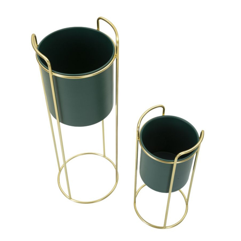 Cache-pot sur pied moderne avec poignée Rond en Métal Vert Doré Grent (Lot de 2) 