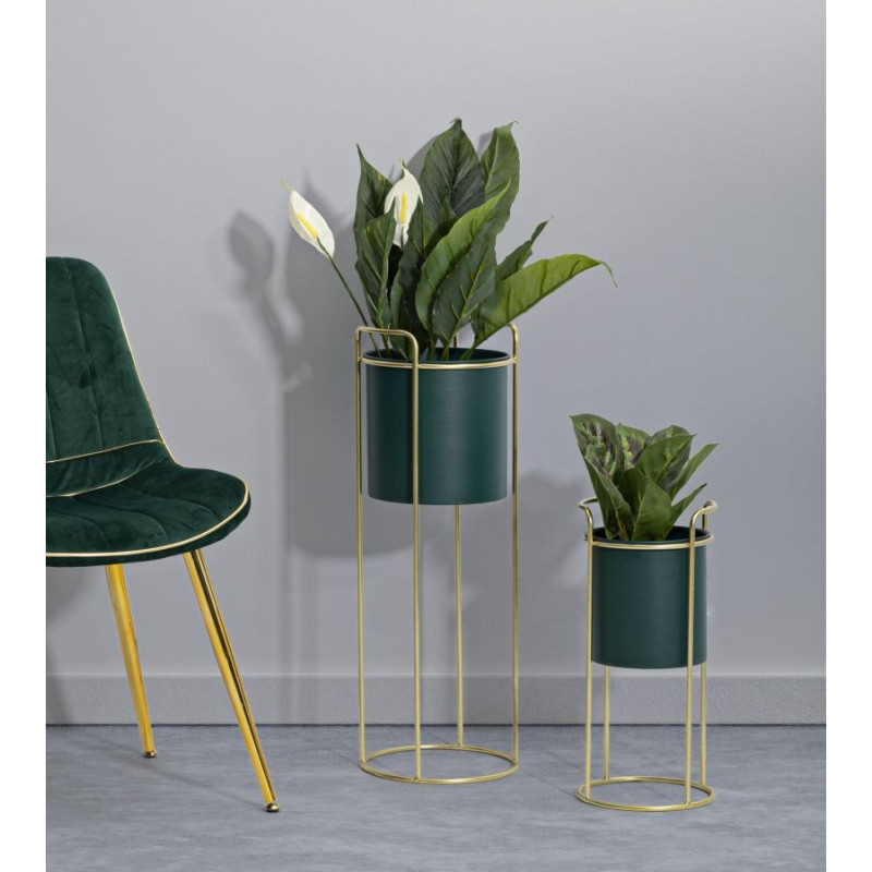 Cache-pot sur pied moderne avec poignée Rond en Métal Vert Doré Grent (Lot de 2) 