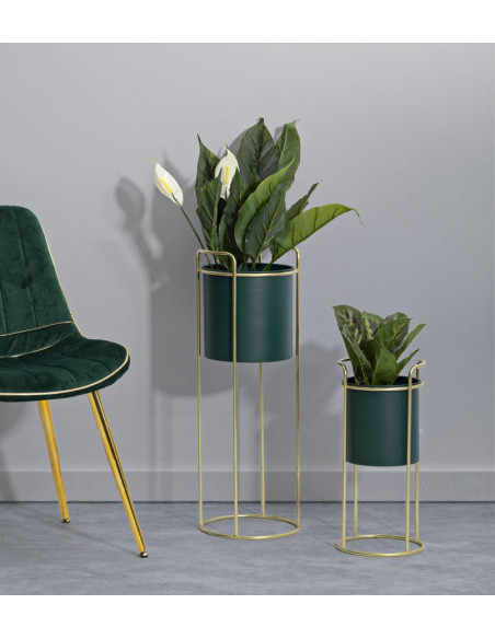 Cache-pot sur pied moderne avec poignée Rond en Métal Vert Doré Grent (Lot de 2) 