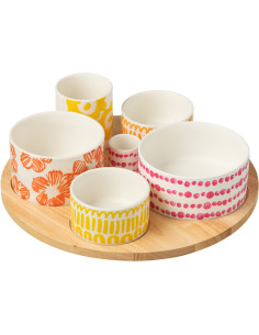 Plateau apéro 6 récipients Rond 30 cm en Bambou Naturel Céramique Blanc Orange Jaune Fuchsia Candace - 1