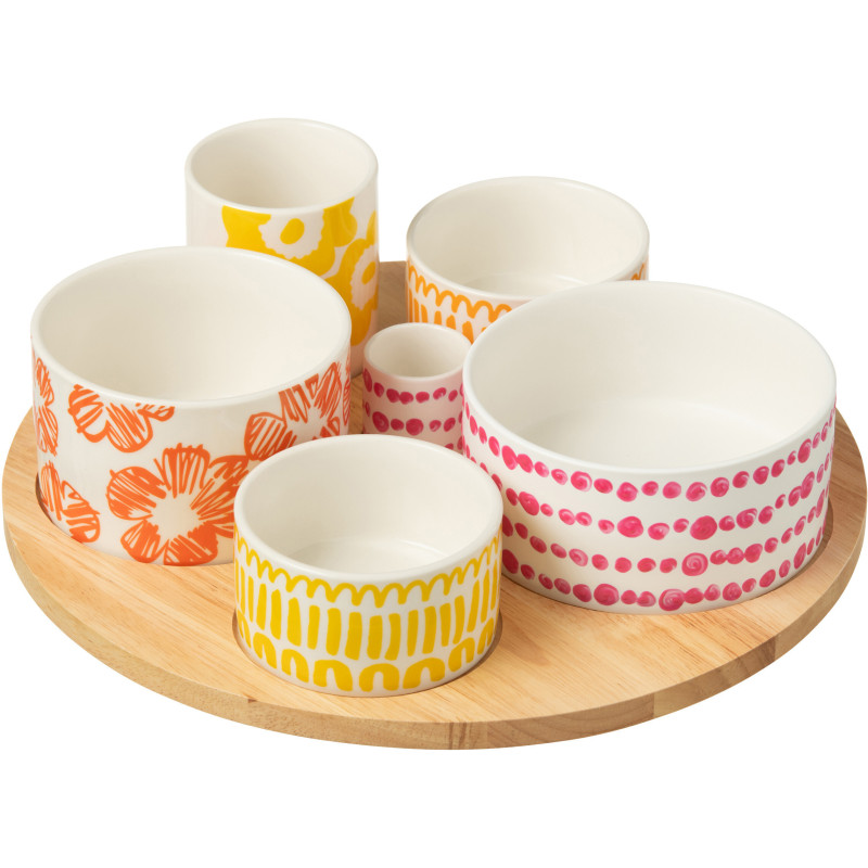 Plateau apéro 6 récipients Rond 30 cm en Bambou Naturel Céramique Blanc Orange Jaune Fuchsia Candace - 1