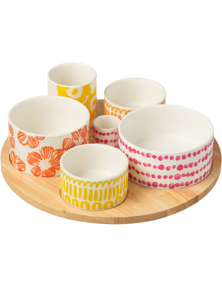 Plateau apéro 6 récipients Rond 30 cm en Bambou Naturel Céramique Blanc Orange Jaune Fuchsia Candace - 1