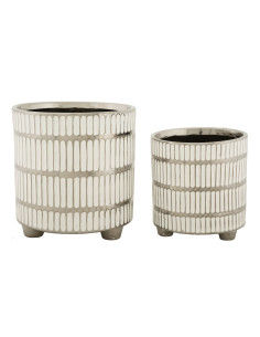 Cache-pot moderne Rond en Céramique Argenté Blanc Ray (Lot de 2) 