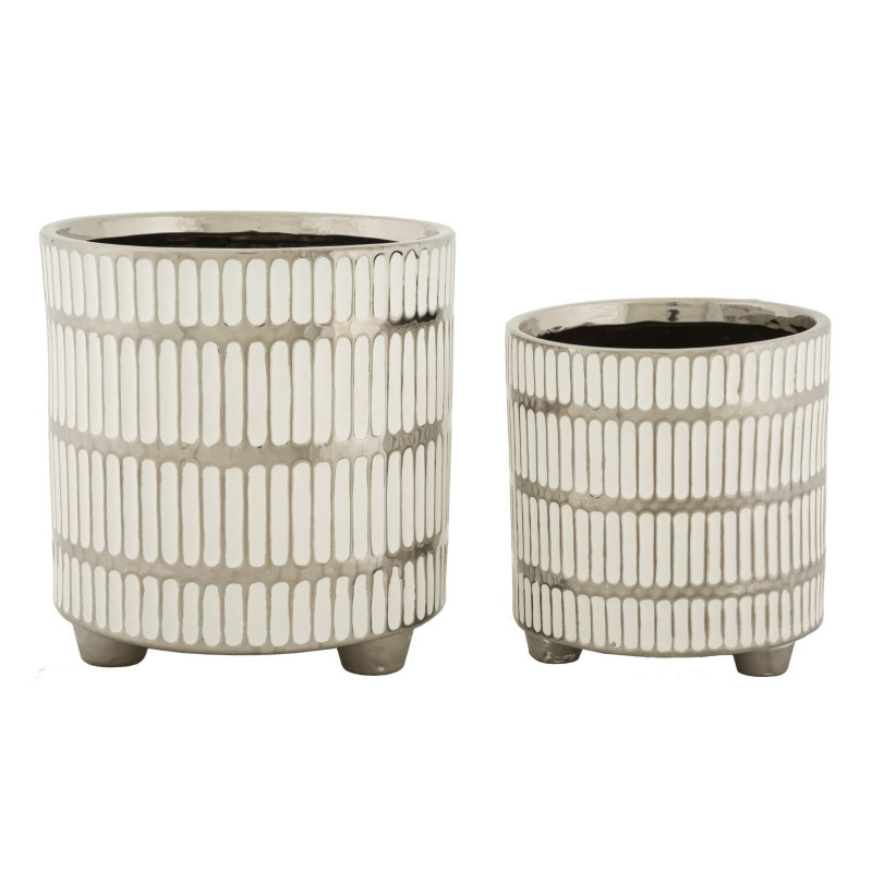 Cache-pot moderne Rond en Céramique Argenté Blanc Ray (Lot de 2) 