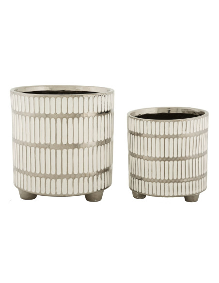 Cache-pot moderne Rond en Céramique Argenté Blanc Ray (Lot de 2) 