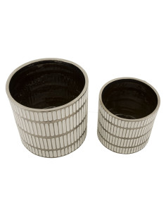 Cache-pot moderne Rond en Céramique Argenté Blanc Ray (Lot de 2) 