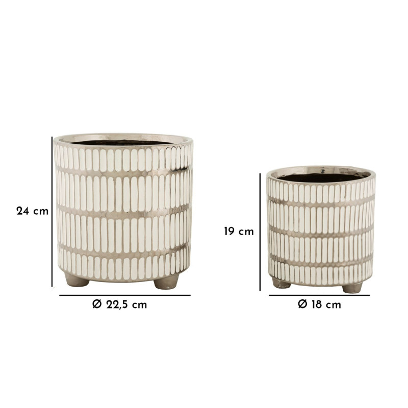 Cache-pot moderne Rond en Céramique Argenté Blanc Ray (Lot de 2) 