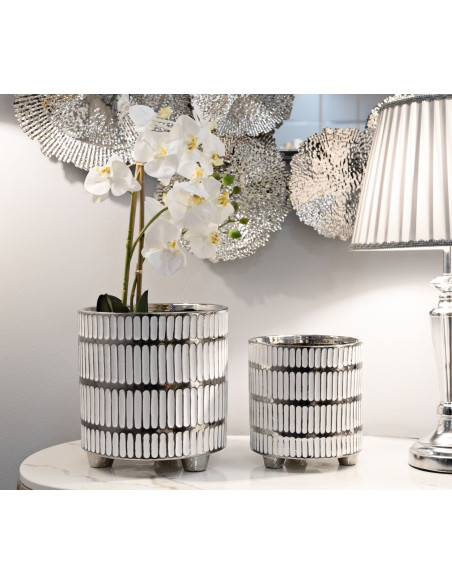Cache-pot moderne Rond en Céramique Argenté Blanc Ray (Lot de 2) 