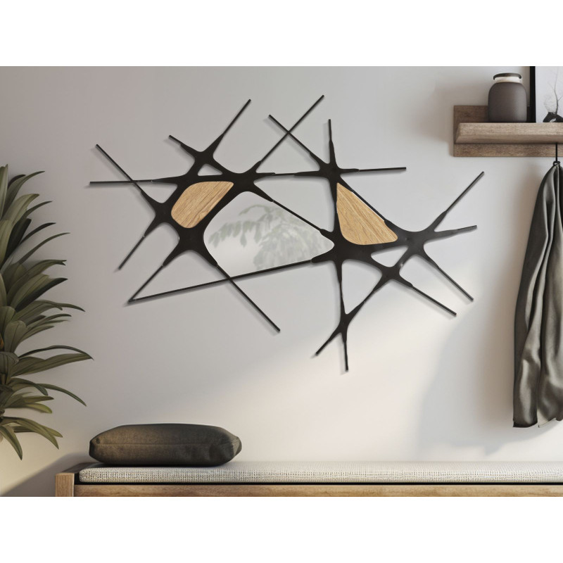 Grande déco murale moderne 114x80 en Métal Noir Miroir Bois Naturel Absy 