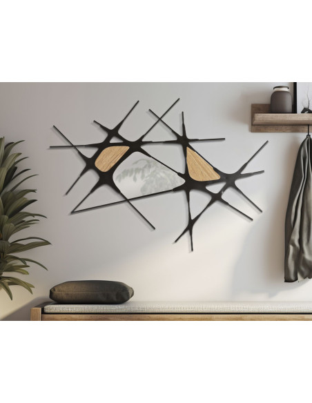 Grande déco murale moderne 114x80 en Métal Noir Miroir Bois Naturel Absy 