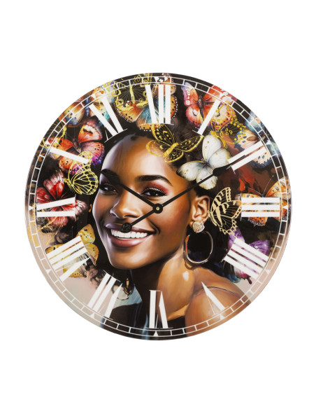 Grande Horloge murale ronde Femme africaine 60 cm en Bois MDF Kourt 